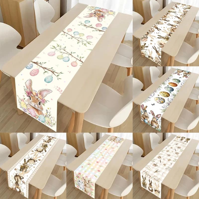 Runner da Tavola Coniglietto Pasquale con Uova e Fiori, Decorazione Primaverile per Casa, Cucina e Tavola da Pranzo