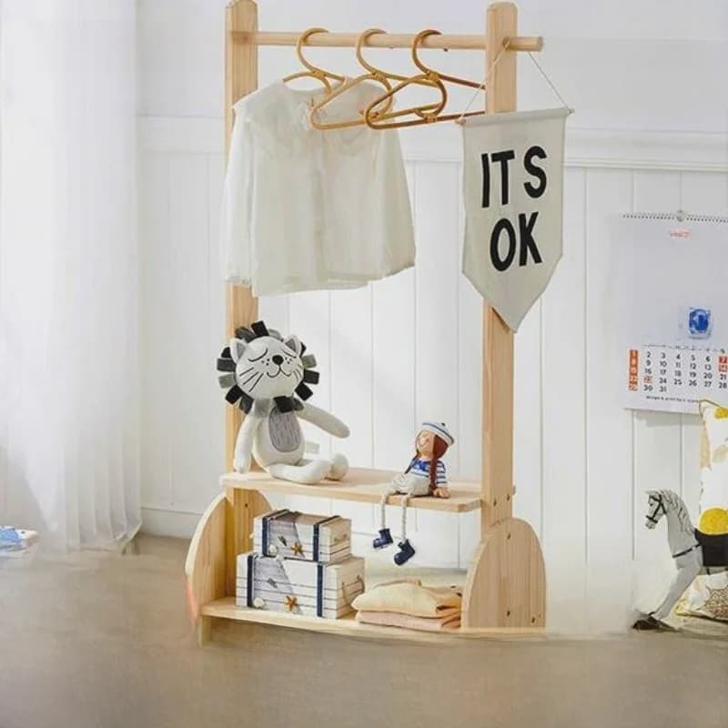 Appendiabiti da terra in legno per camera da letto, multifunzionale con contenitore, guardaroba per bambini, appendiabiti per la casa