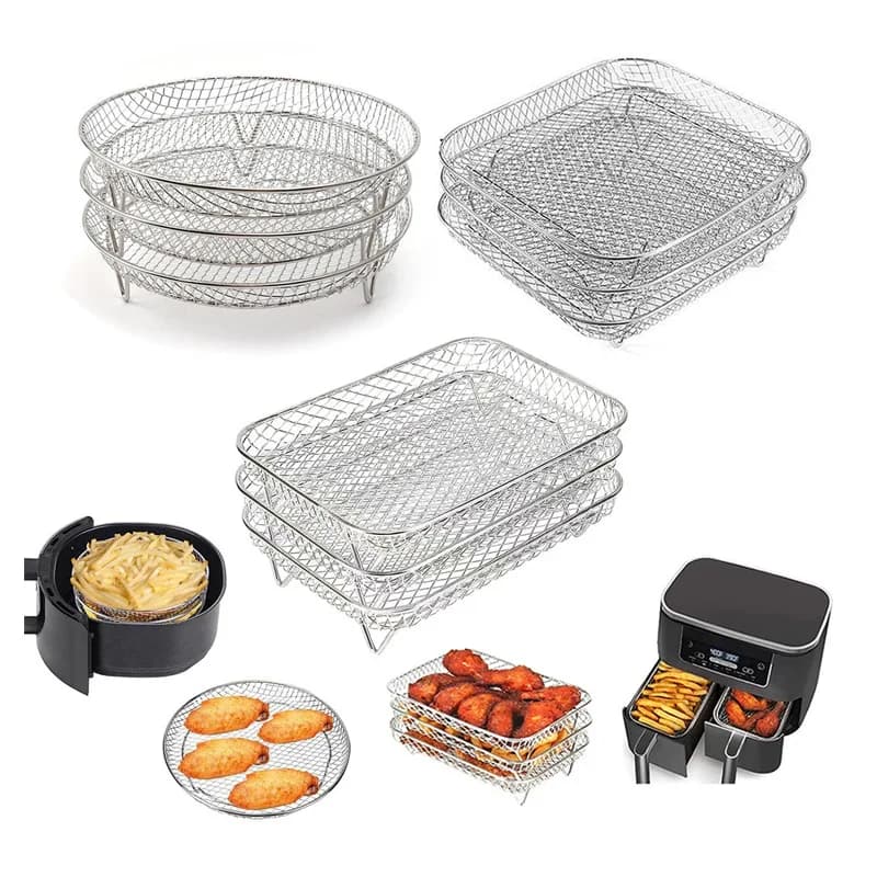 Griglia per friggitrice ad aria Friggitrice ad aria Forno Griglia per cottura a vapore Supporto per disidratatore in acciaio inossidabile 3 strati Cestello per griglia a rete Accessori per friggitrice ad aria