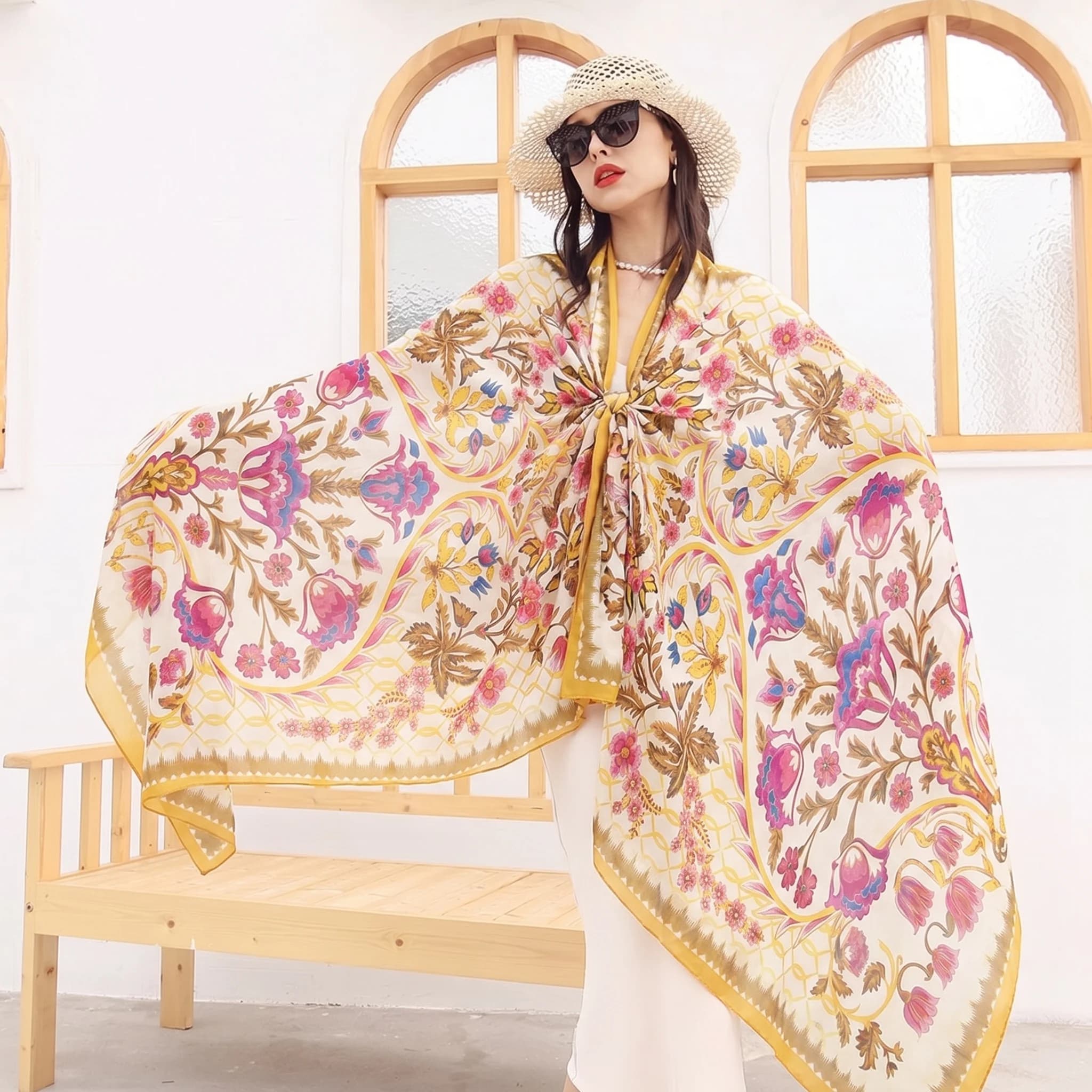 Sciarpa di Seta di Lusso con Stampa Floreale 245*110cm, Giallo Rosa, Stile Bohemien, per Donna, Coprispalle da Spiaggia, Foulard, Hijab, Bandana Grande per Vacanze