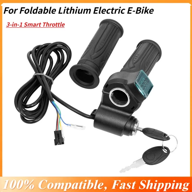 Acceleratore intelligente 3 in 1 per bici elettrica al litio pieghevole, con serratura a chiave e display batteria, acceleratore universale con impugnatura