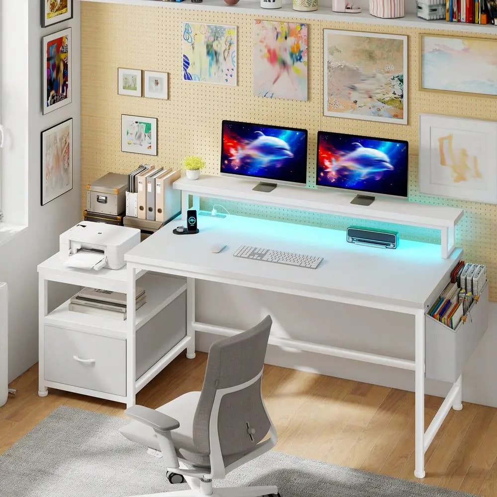 Scrivania per computer con prese di corrente, cassetti, spazio per la stampante, schedario, scaffali e supporto per monitor, adatta per ufficio e casa