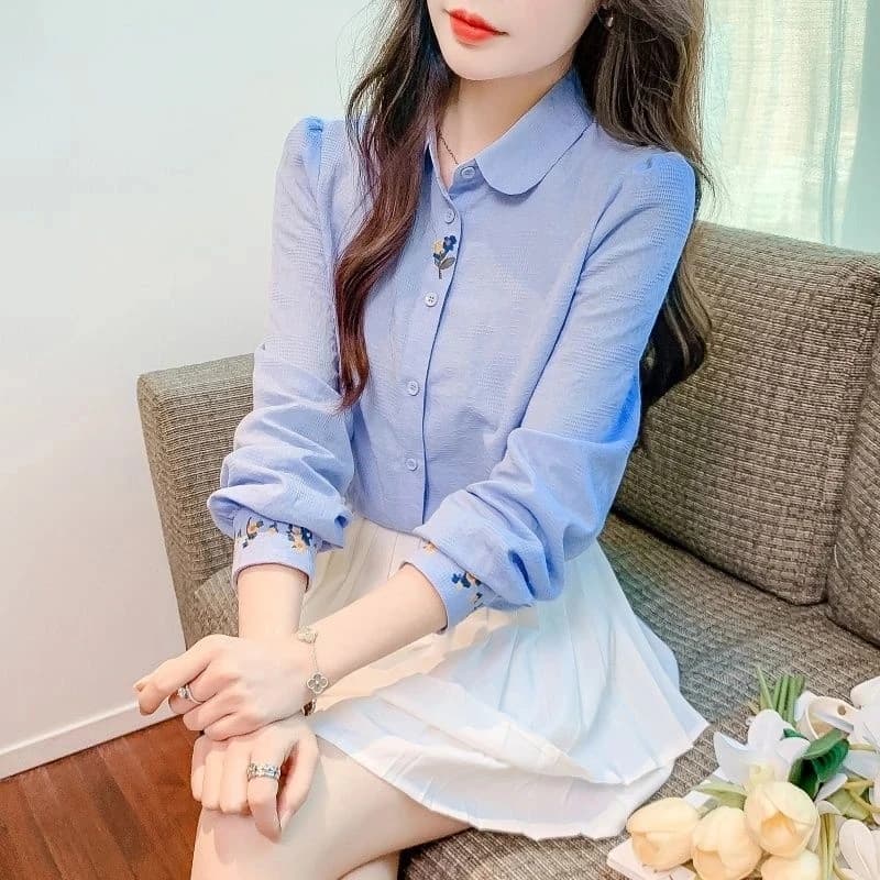 New Women's Shirt in Pure Cotton Embroidered for Spring and Autumn, Long Sleeve, Versatile and Breathable