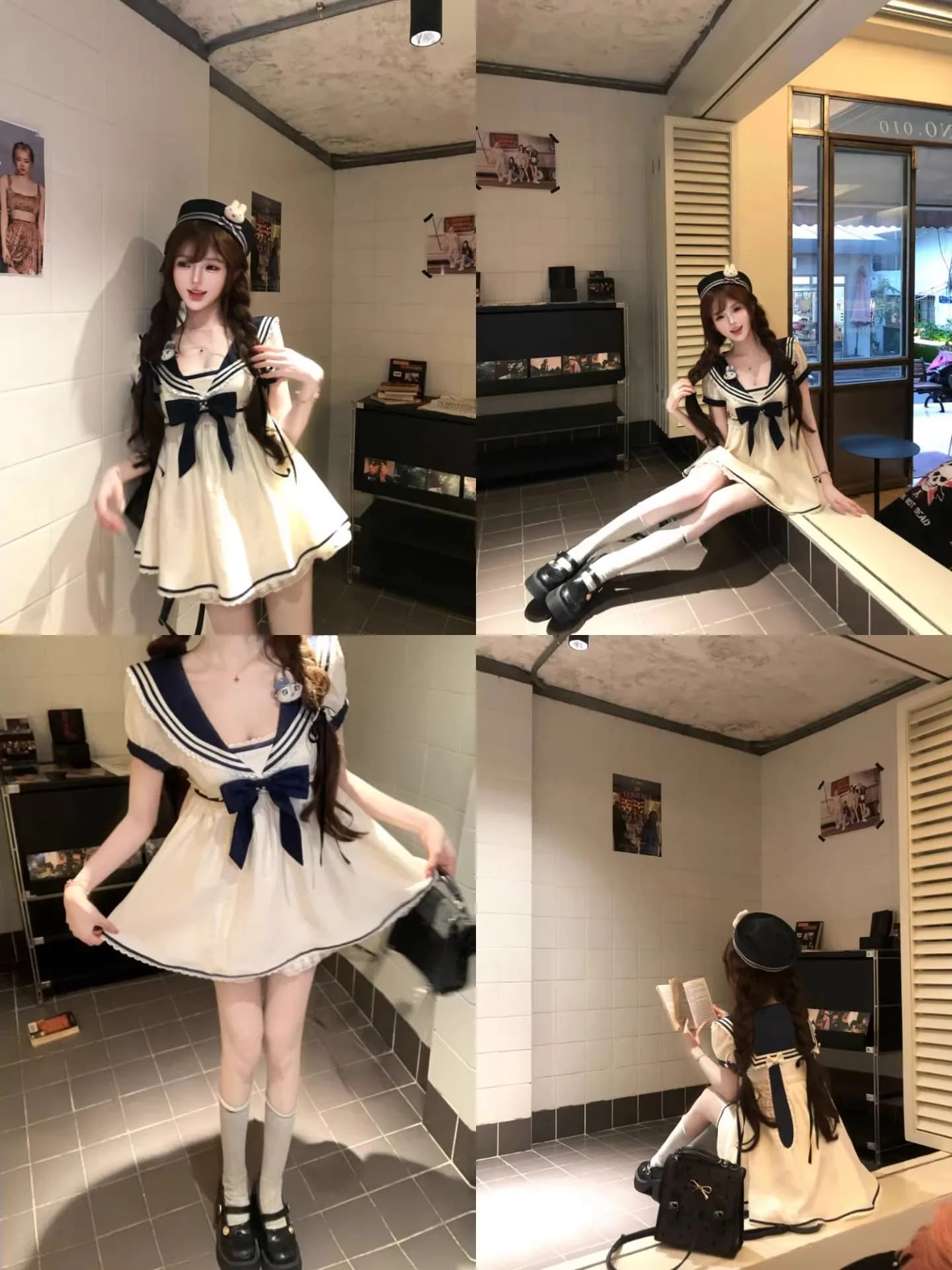 Summer Short Sleeve Lace Navy Collar Puffy Skirt Dress Women's Dress School Style High Waist A-Line Polyester Fiber Dress