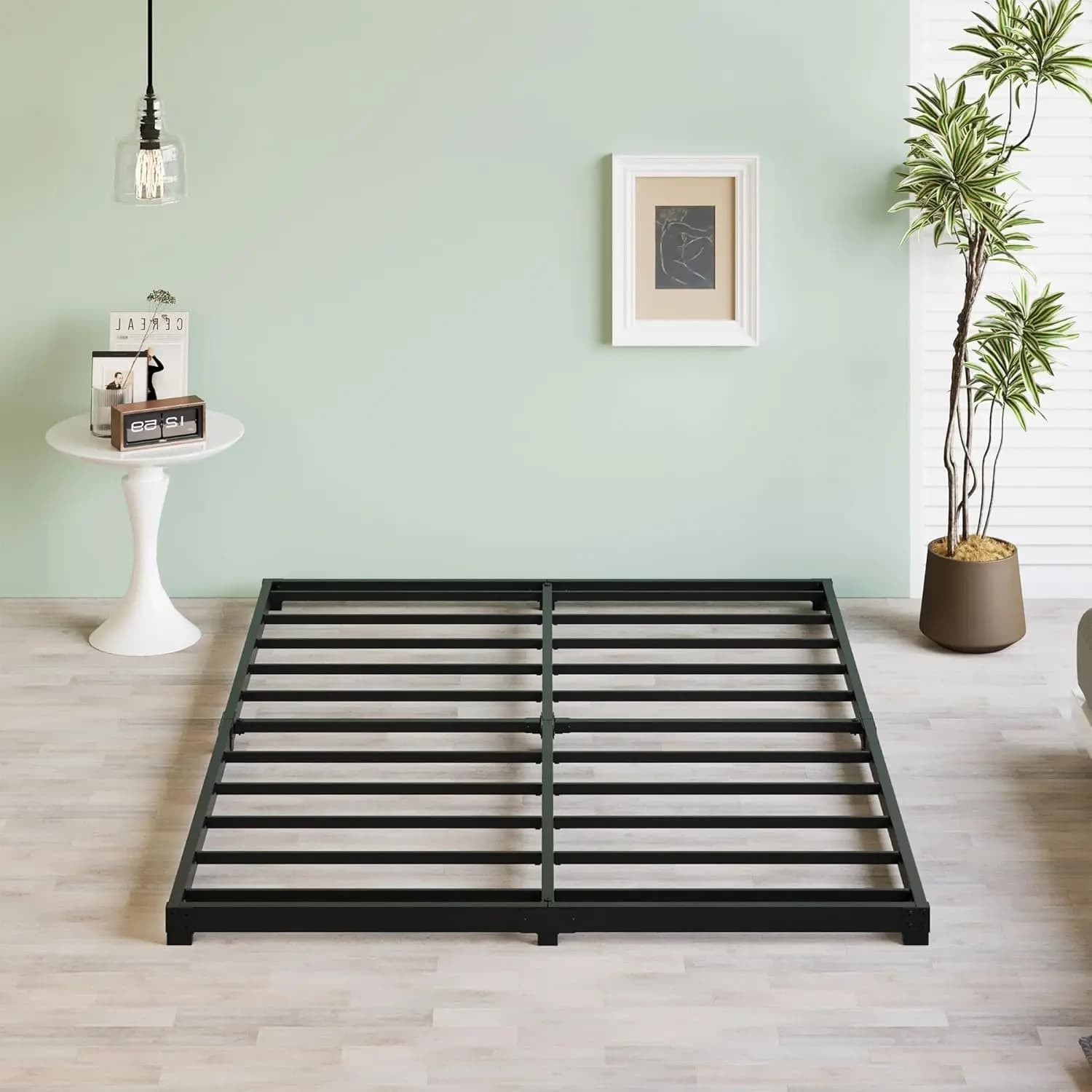 3 inch low double bed base, durable metal platform, no spring net, easy to mount mattress foundation, black