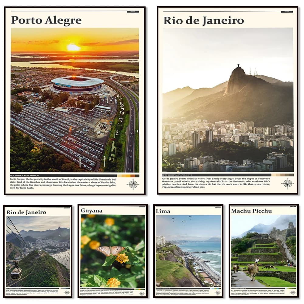 Guyana, Machu Picchu, Peru, Porto Alegre, Rio de Janeiro, Cali, Brazil, Venezuela, Medellin, Lima, South America travel poster