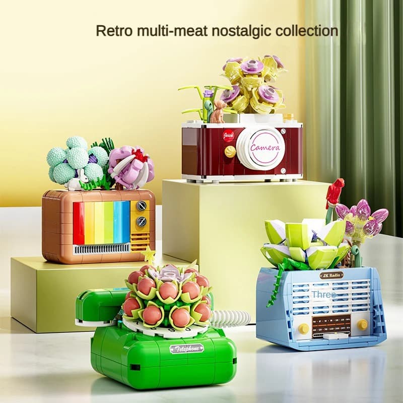Creative small particle building blocks TV radio phone camera succulente building blocks fiori