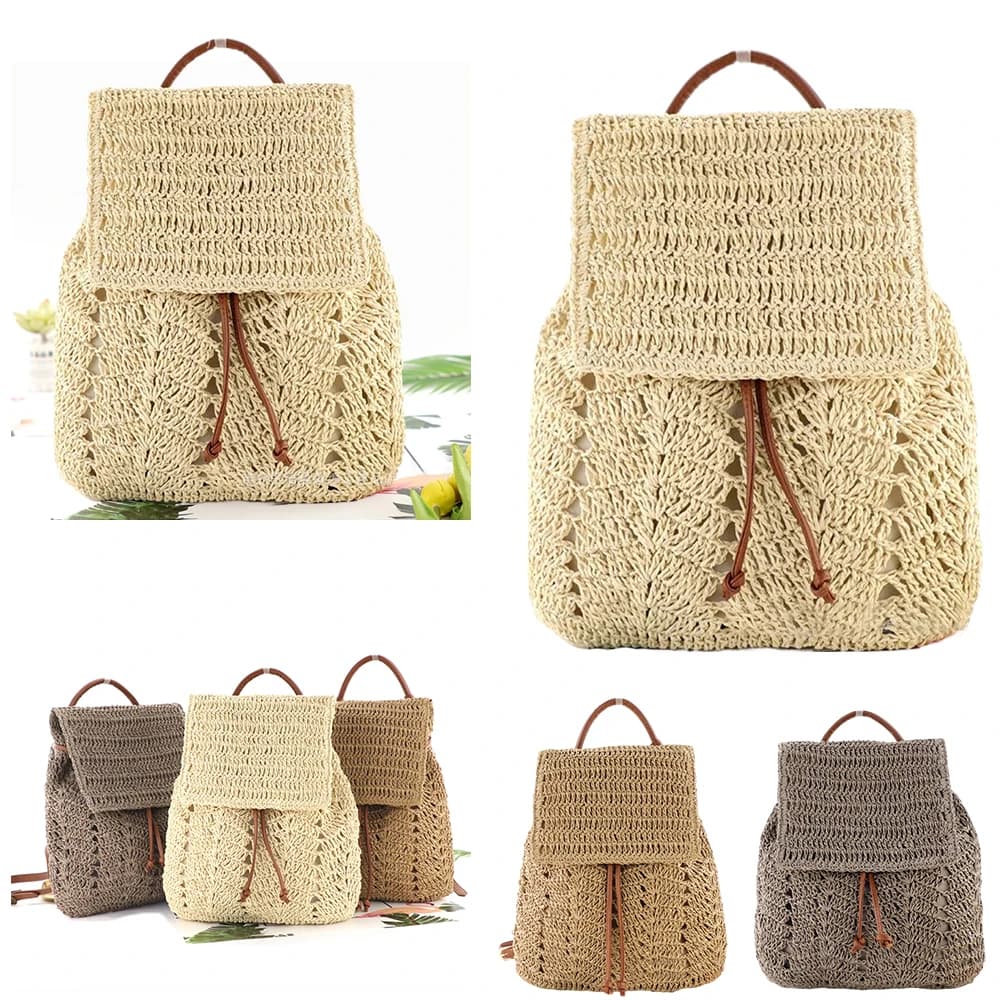 Borsa a secchiello con spalle da spiaggia in paglia per donna Zaino a spalla all'uncinetto con patta Borsa a tracolla con coulisse per le vacanze estive in spiaggia