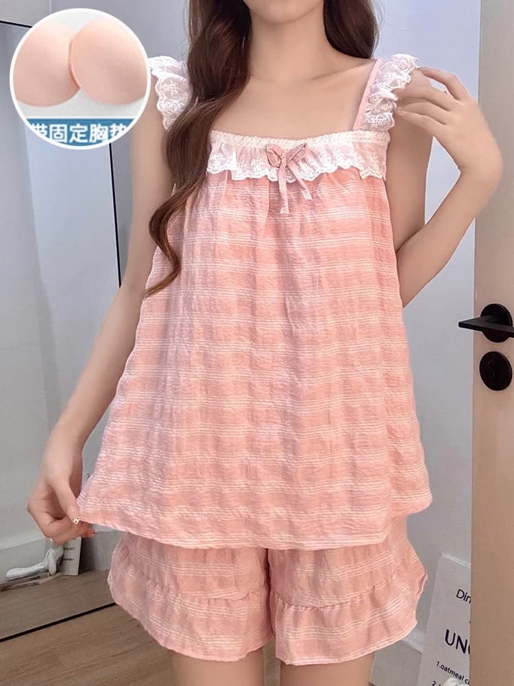Pigiama stile principessa da donna, estivo, con reggiseno integrato, canotta e pantaloncini, set coreano dolce per studentesse, tuta da casa, abbigliamento comodo per il tempo libero