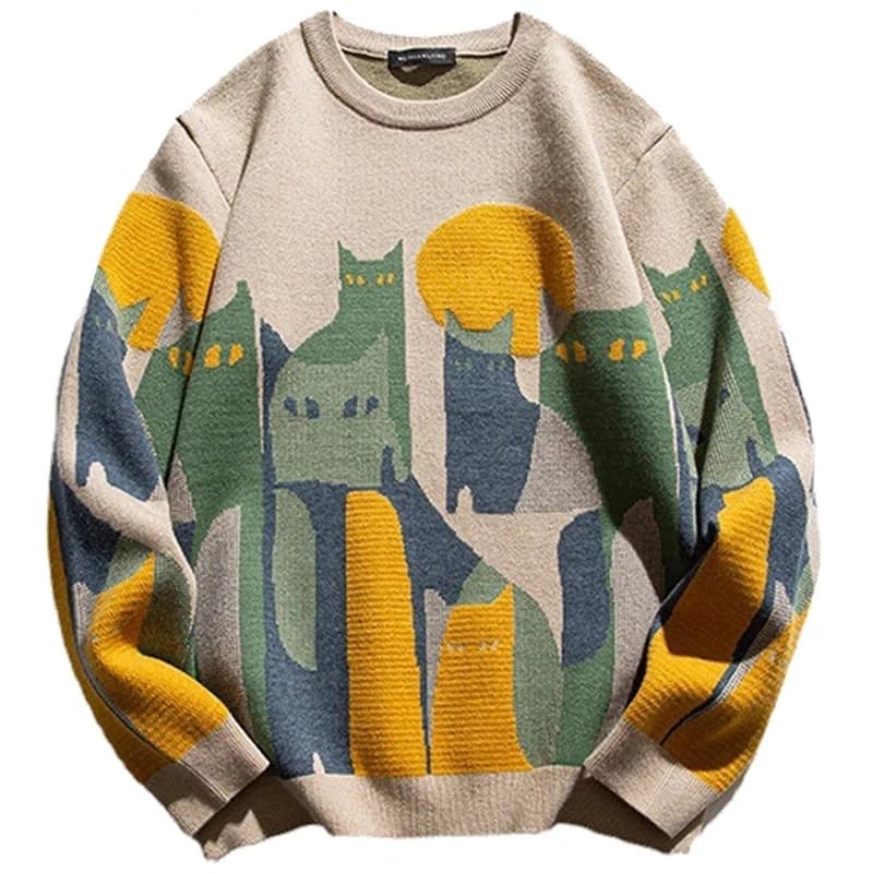 2023 autunno maglione lavorato a maglia uomo donna inverno Harajuku Cartoon Full Cat Print Pullover Vintage causale maglioni larghi Streetwear
