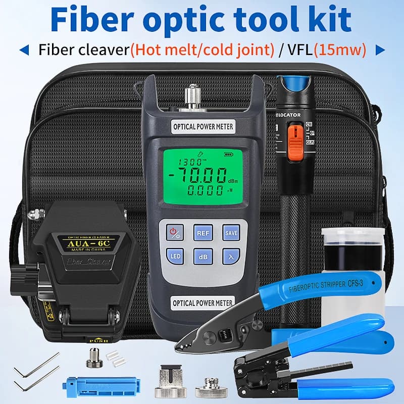 Kit di strumenti per fibra ottica FTTH con mannaia per fibra AUA-6C -70~+10dBm Misuratore di potenza ottica 15mw Localizzatore visivo di guasti Spellafili