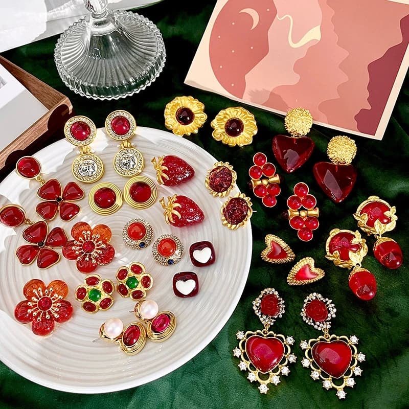 Classic Burgundy Earrings Large Size Luxury Jewelry for Women Girls Niche Design Stud Gift Elegant Lady Ear Clips Banquet Party