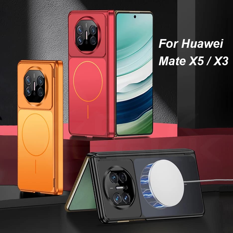 Custodia magnetica satinata con cerniera per Huawei Mate X3 X5 X6, solo parte posteriore, compatibile con ricarica wireless MagSafe, cover in plastica per Huawei Mate X6