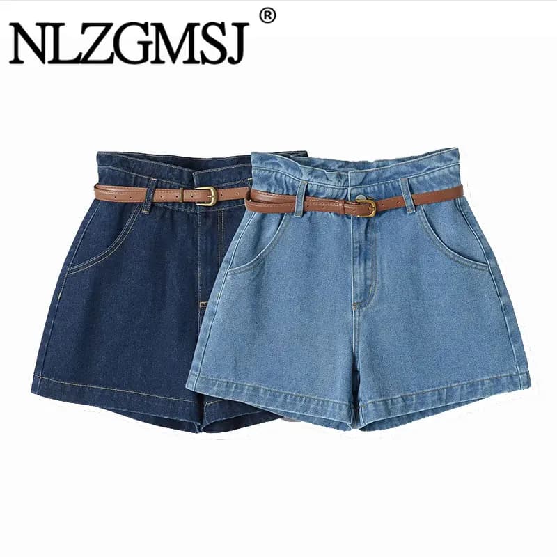 NLZGMSJ 2026 Nuovi Shorts Estivi da Donna in Denim, Larghi con Cintura, Vita Alta, Pantaloncini Jeans Femminili di Tendenza