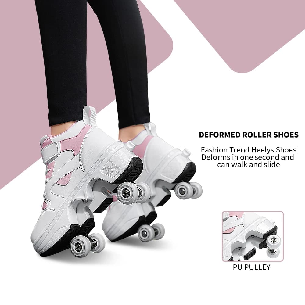 Women's high shoes with 4 wheel wheels, unisex automatic pop-up sneakers with wheels, double purpose casual skating shoes
