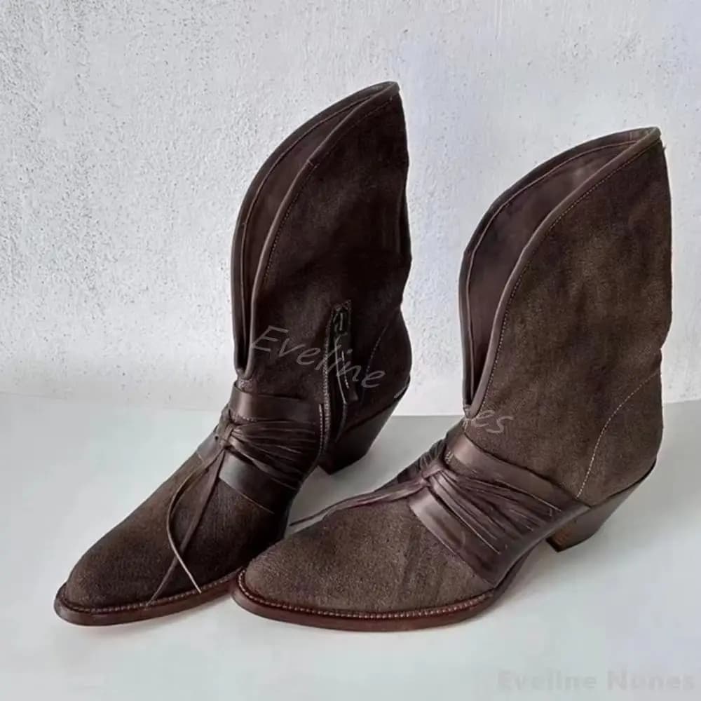 Maillard Wasteland Desert Boots Woman Retro Pointed Toe Slip On V Neckline Western Boots 2025 Short Boots with Big Heel