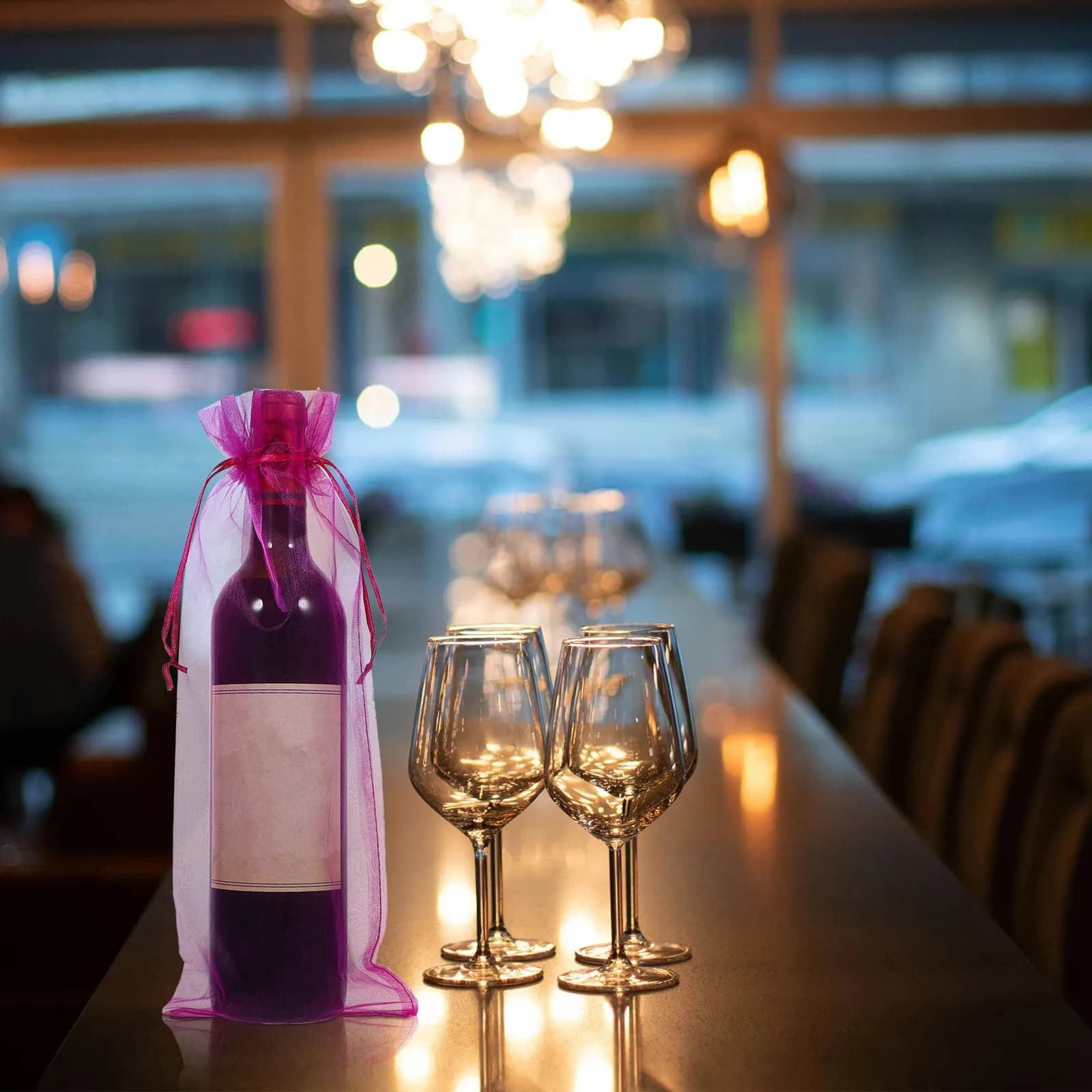 10Pcs Rosy Sheer Organza Wine Bottle Wrap Gift Bags 37x15cm Satin Drawstring Party Wedding Present Packaging for Wine Candles