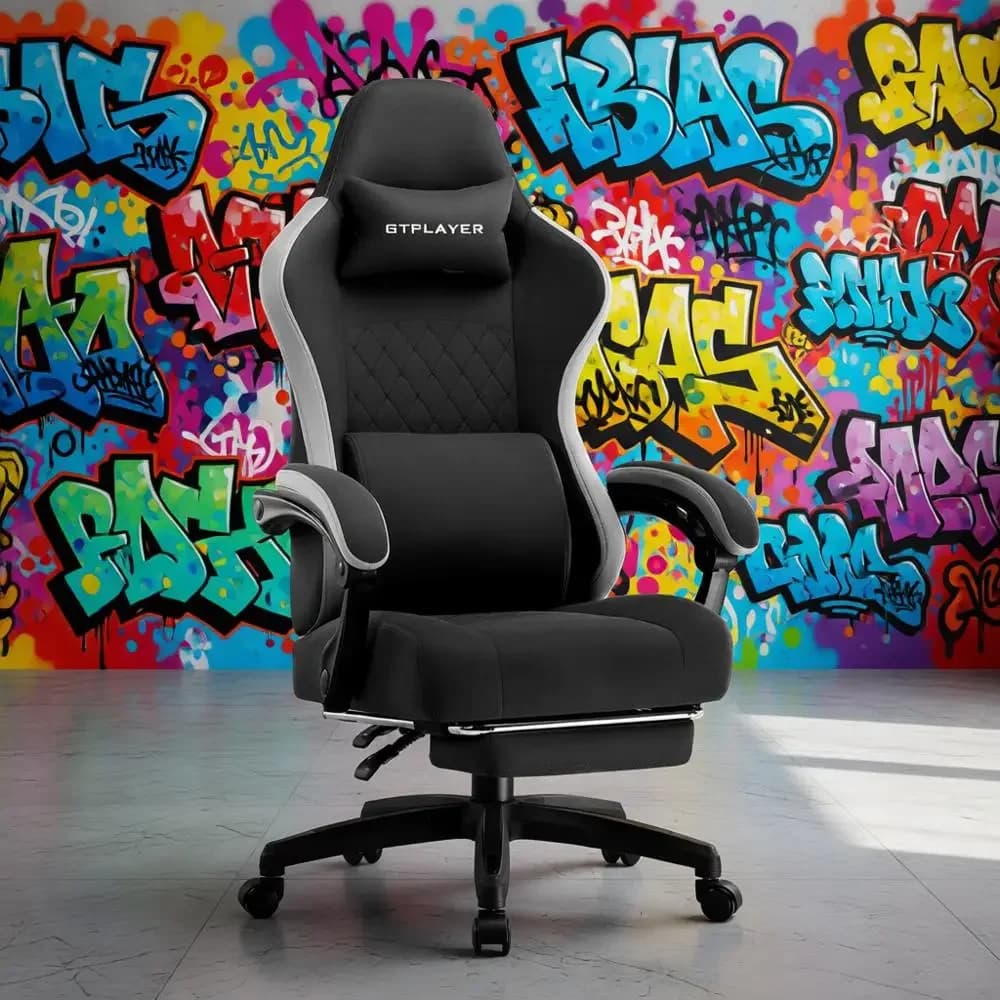 Sedia da gaming ergonomica con schienale alto con supporto lombare, cuscino girevole, braccioli regolabili e poggiapiedi (nero)