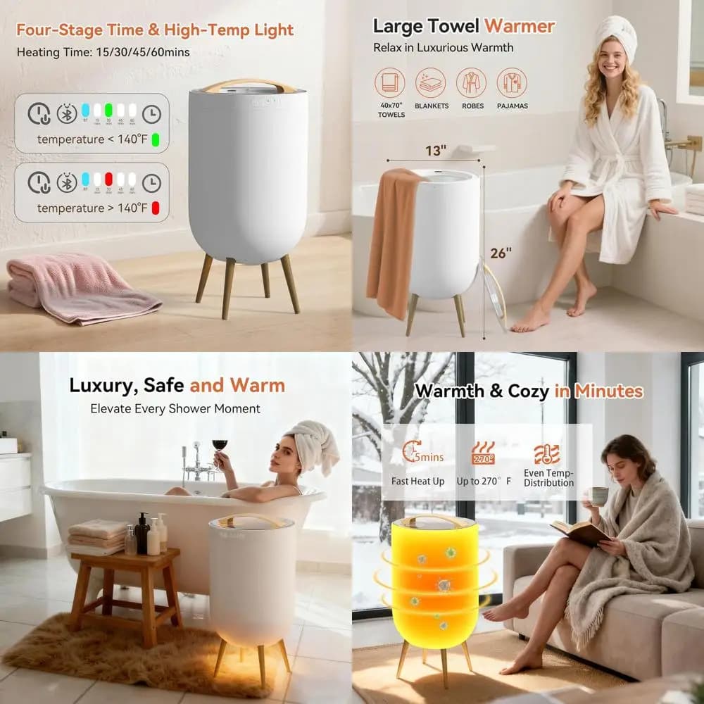 Electric Scaldasalviette with Ambient Light, Music, 4 Timer, Automatic Switching, Security Lock, Contains 2 Towels and Bathrobes - Ideal Gift