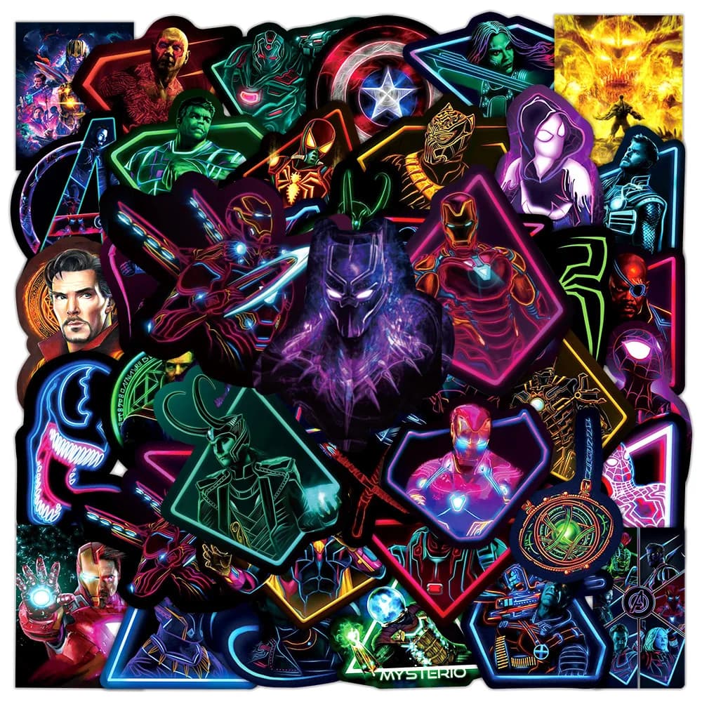 10/30/50/100 Pezzi Adesivi Stile Neon Marvel Cartoon The Avengers, Spider-Man, Iron Man, Decalcomanie Anime, Adesivi Cool per Premi, Giocattoli e Regali