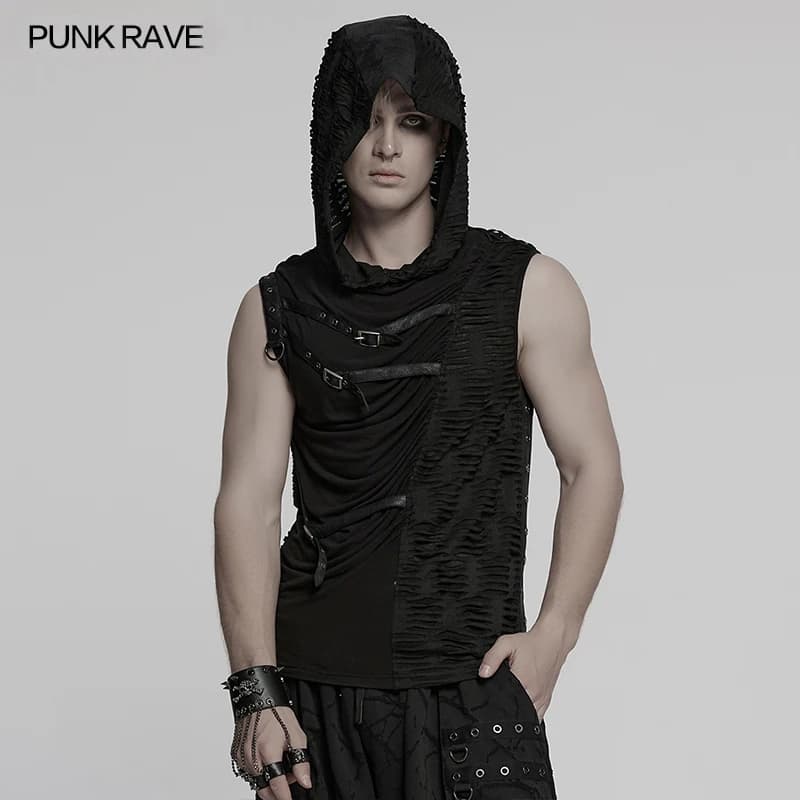 PUNK RAVE Uomo Punk Asimmetrico Splicing Pieghe Elementi Senso della Decadenza Gilet Spalla con Cappuccio Rivetti Cool Top
