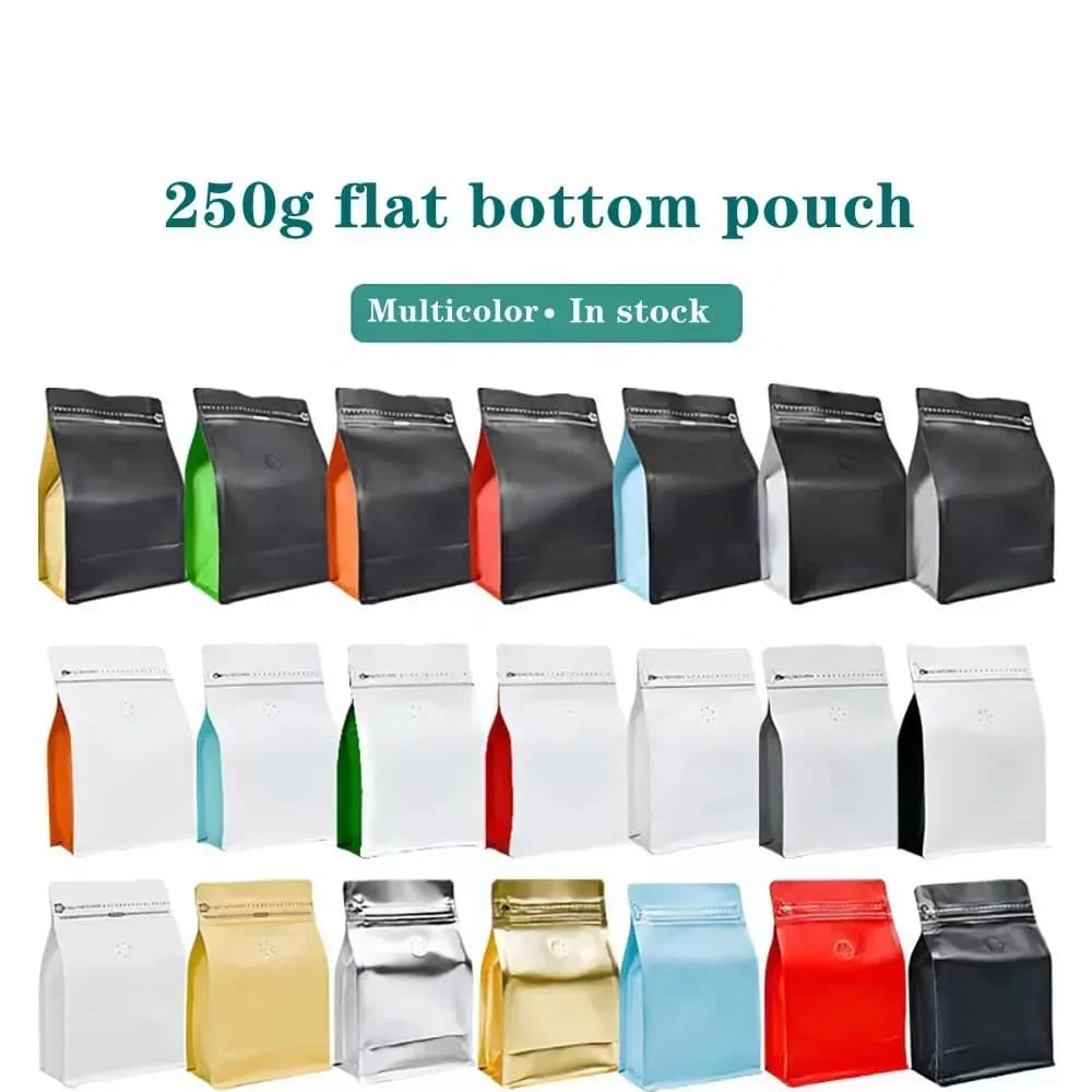 50pcs Resealable Half A Pound 250 Gram Ziplock Bags with One Way Valve for Coffee Beans Pet Food and Powder Packaging