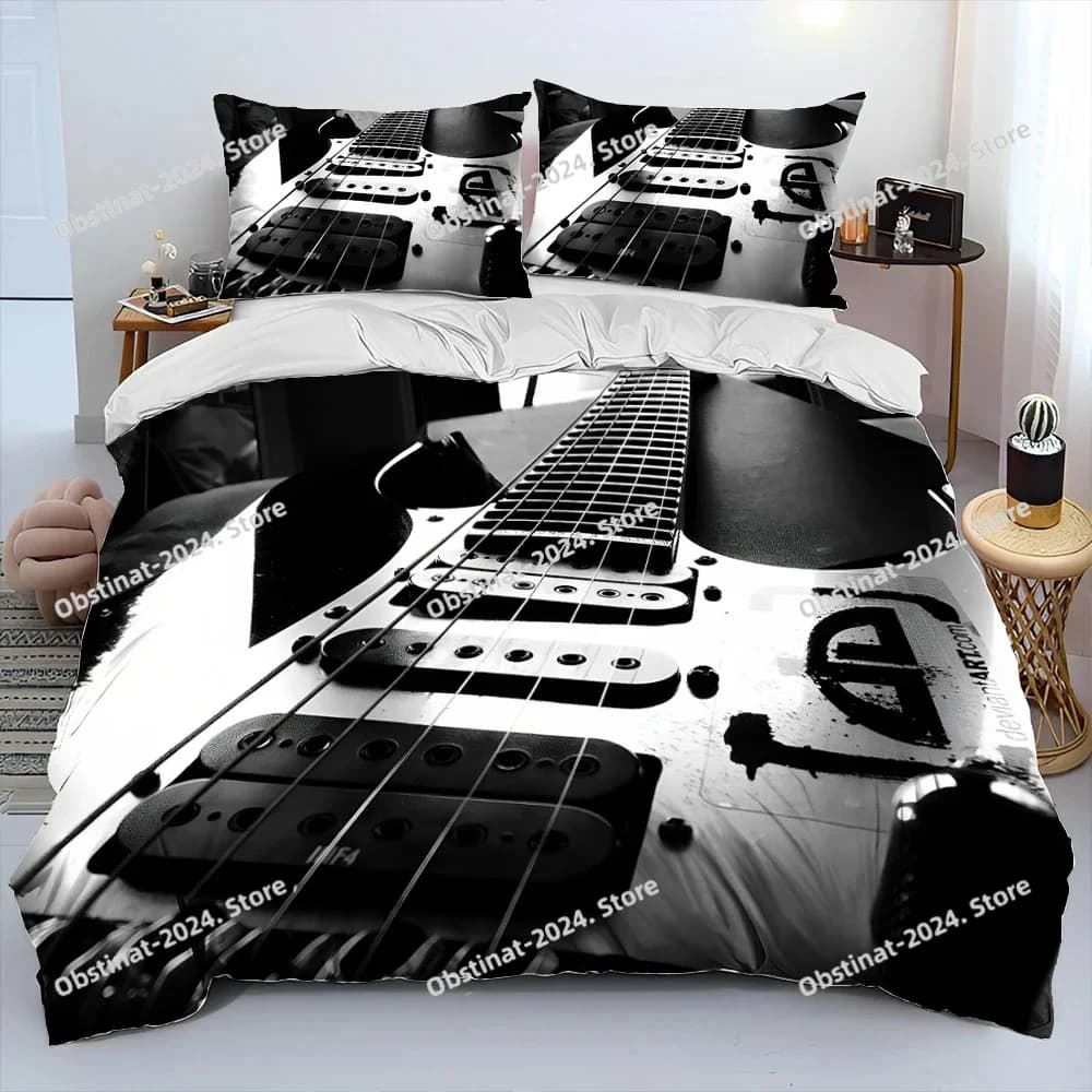 Set di biancheria da letto trapuntato per chitarra classica 3D, set di biancheria da letto stampato, copripiumino, lenzuolo, federa, letto matrimoniale, king size