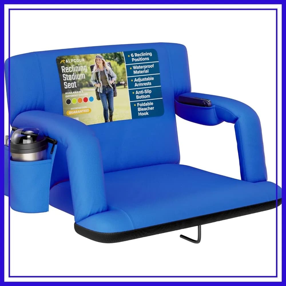 Sedia Reclinabile da Stadio con Supporto Lombare, Poltrona Larga da Tribuna, Cuscino, Braccioli, Tasche Laterali, Gancio per Attrezzi da Campeggio, Kayak, Paddle Board