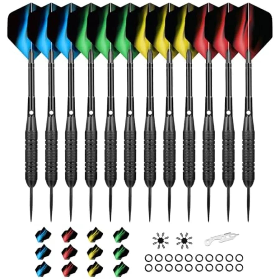 Set di 12 Freccette con Punta in Acciaio, 24g, con Aste in Alluminio Premium e 4 Tipi di Alette in PET, Perfette per Principianti e Giocatori Esperti