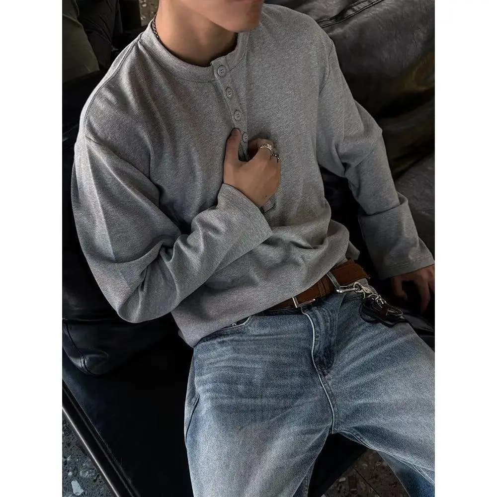 Ele Fake Two-Piece Men's Hoodie Long Sve irt Henry Collar Light Texture Corduroy Base irt f Buttoned