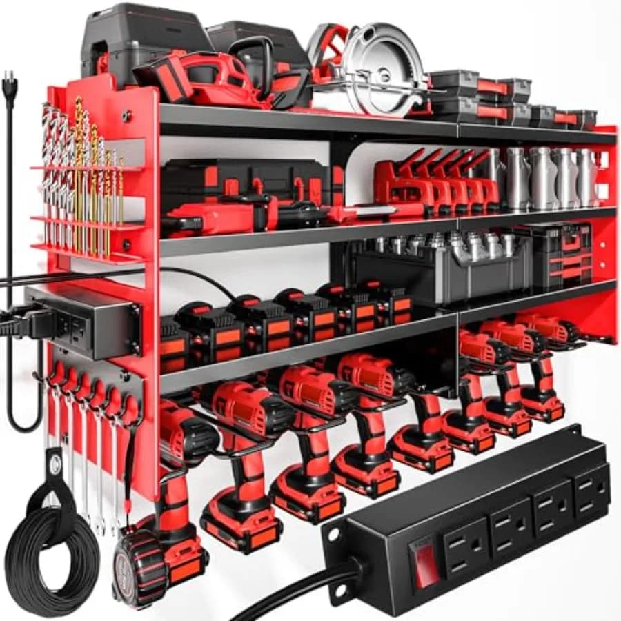 Large Power Tool Organizer Wall Mount with Charging Station, 4 Layer Heavy Duty Metal Tool Storage Shelf Loads 600lbs, Battery