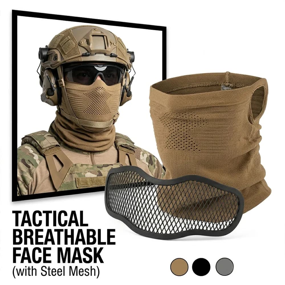 Tactical Protective Face Mask Breathable Knit Neck Gaiter with Steel Mesh Guard for Airsoft Paintball Hunting Training Outdoor