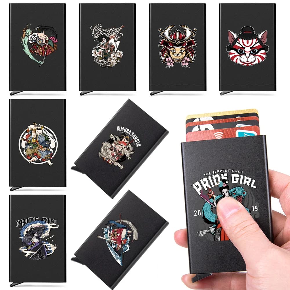 Portafoglio porta carte di credito da uomo con blocco RFID automatico, sottile, mini, con custodia per soldi, motivo Samurai