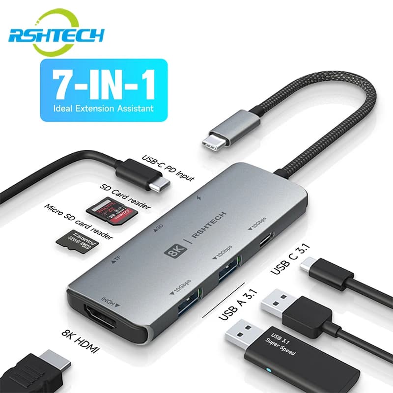 RSHTECH USB C Hub hdmi 4k 120hz 8K HDMI 10Gbps Velocità di trasferimento dati 100W Consegna di alimentazione con lettore SD/TF Docking station USB-C