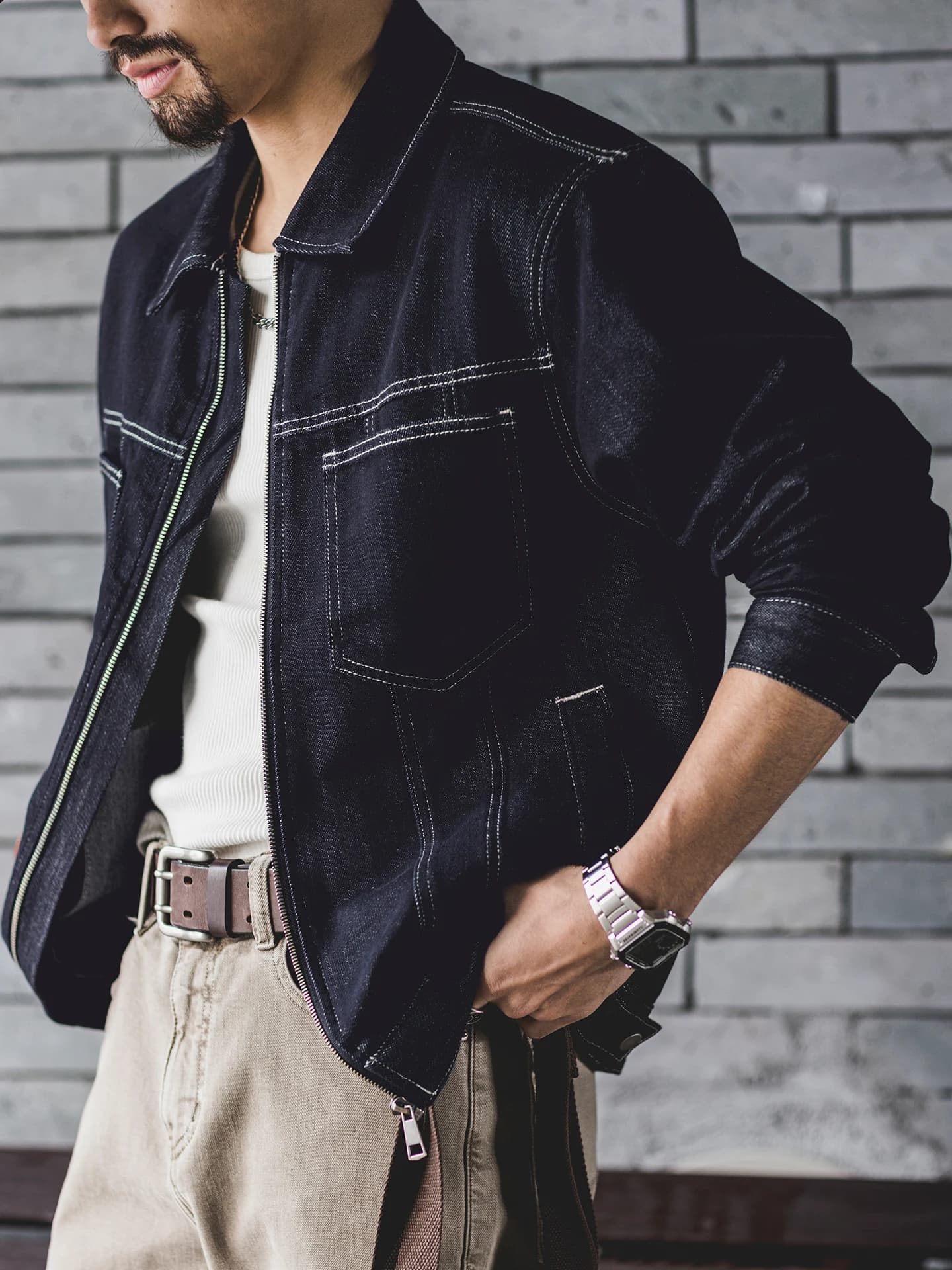 Raysel Mixed Original Denim Collared Men's Jacket Spring 2026 New American Retro Large Size Workwear Outerwear