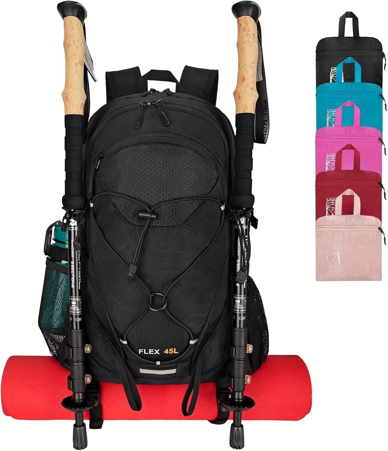 45L Foldable Water Resistant Hiking Backpack With Rain Cover & Trekking Pole Holder Ergonomic Daypack Black For Mountaineering Climbing Camping Backpacking Fishing Cycling Multi-Day Trek Weekend Travel Outdoor Sports Men Women