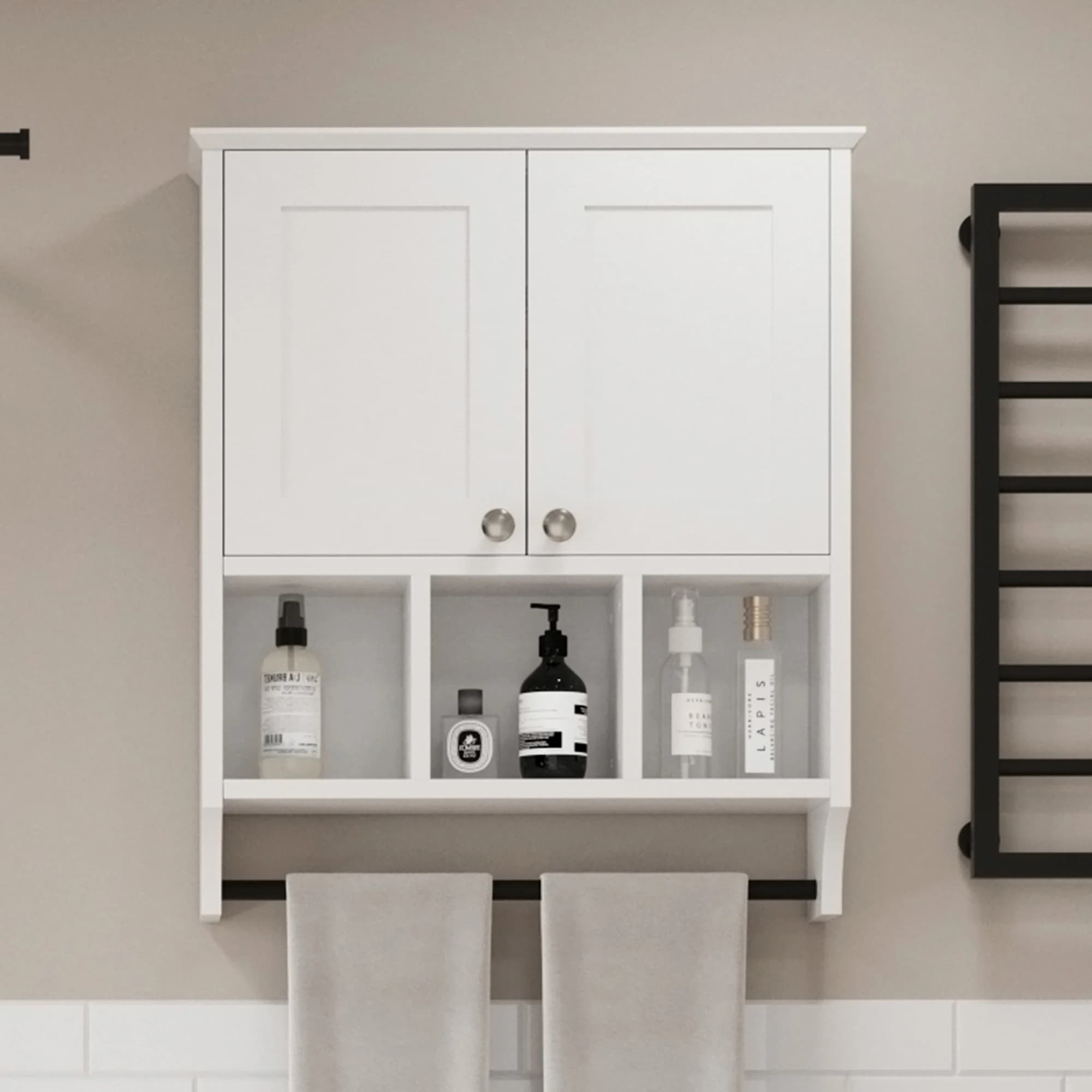 24in Modern White Bathroom Wall Cabinet 2‑Door Closed Storage 3 Open Shelves Towel Rack Wall‑Mounted Toilet Organizer Cabinet