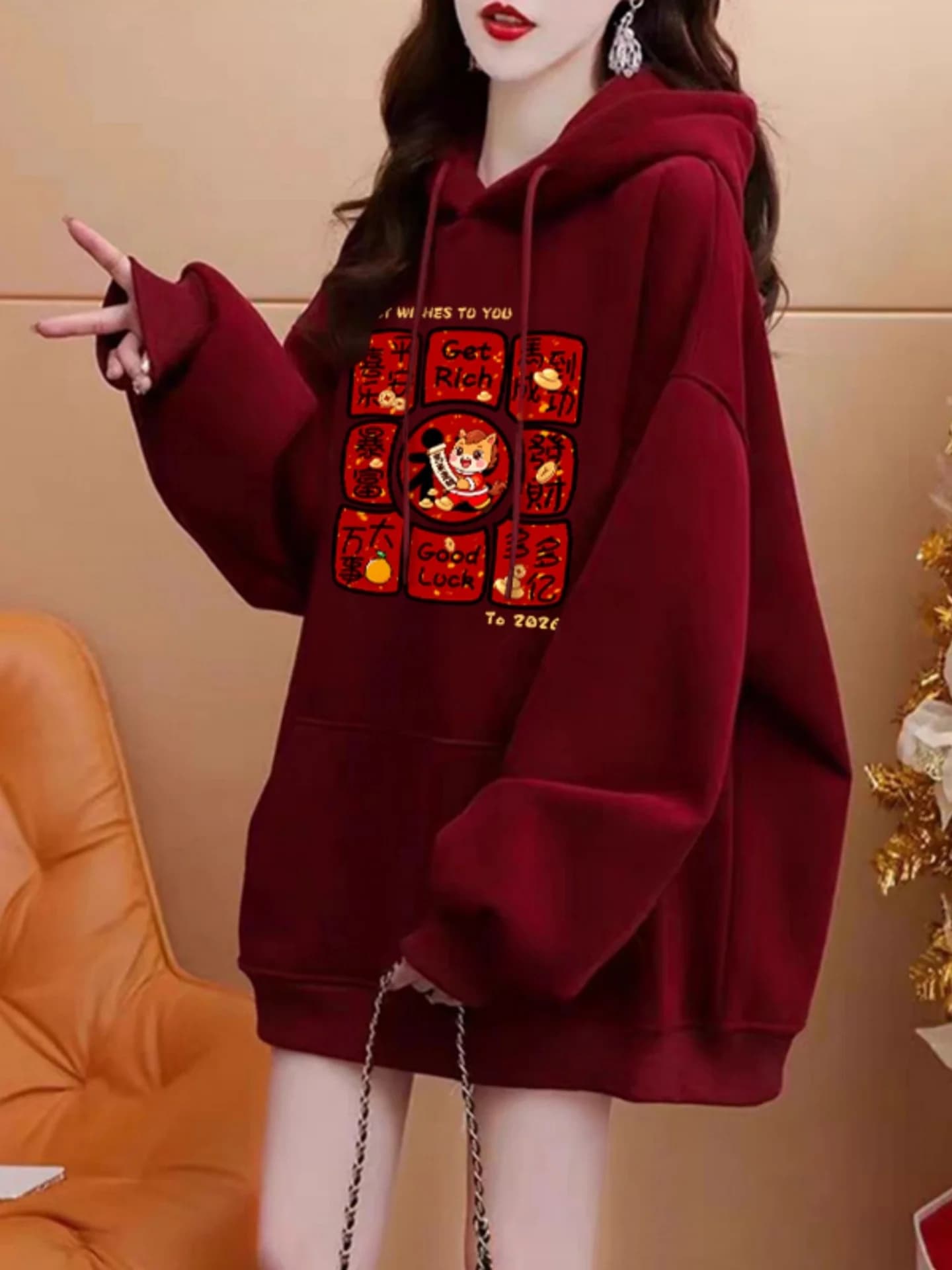 Red Hoodie Women's Thickened Fleece Loose Top Fashionable Printed Design Cotton Polyester Blend Long Sleeve Mid-Length Sweats...