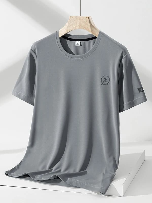 Men's Short Sleeve T-Shirt Ice Silk Quick Dry Half Sleeve Mature Stable Summer Breathable Polyester Fiber round Neck Casual Top
