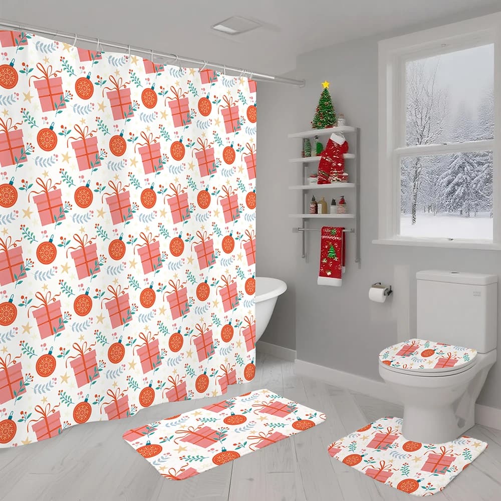 Merry Christmas 4Pcs Modern Bathroom Polyester Shower Curtain Set Non-Slip Hooks Rug Toilet Lid Cover U Mat Decoration