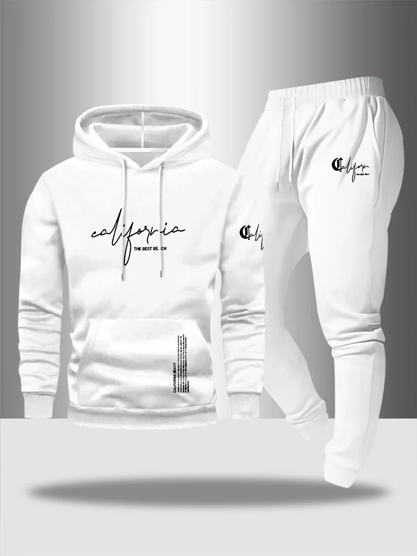 Men Casual Letter Graphic Print Hoodie With Drawstring & Pockets 2‑Piece Tracksuit Drawstring Waist Outdoor Sports