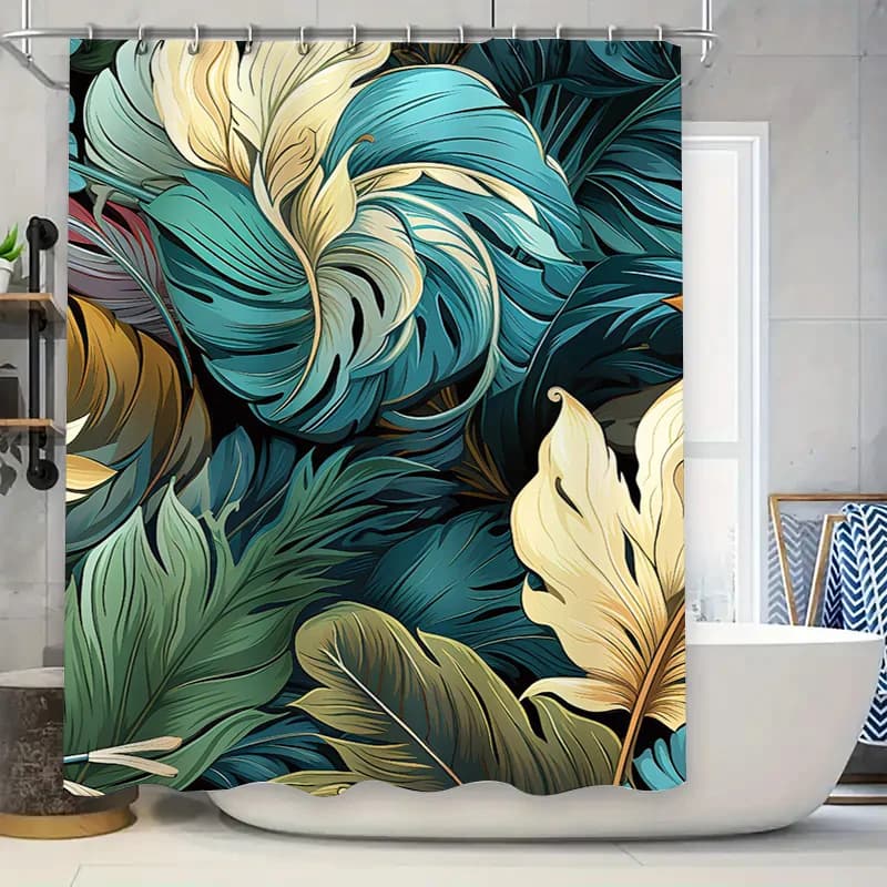 Tenda da doccia ecologica con stampa a foglie: decorazione da bagno dal design floreale brillante per la decorazione domestica Verde, blu, giallo, oro W