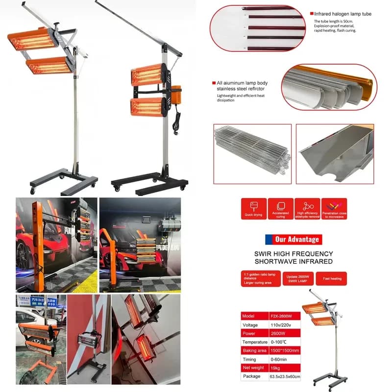 2000W Short Wave Car Paint Curing Lamp For Auto Body Drying 220V Heat Gun Repair Tool