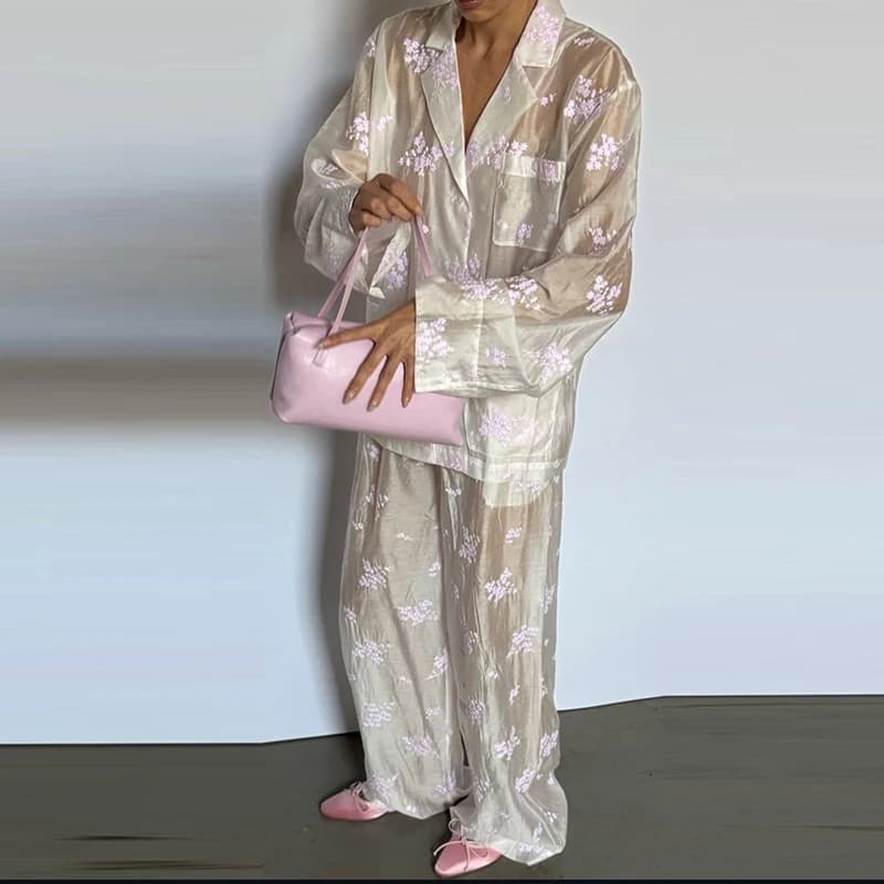 Sweet Floral Print Spring Summer Women Outfit New Lapel Button Top+Long Pants Pajama Suits Casual Loose Holiday Two Piece Sets