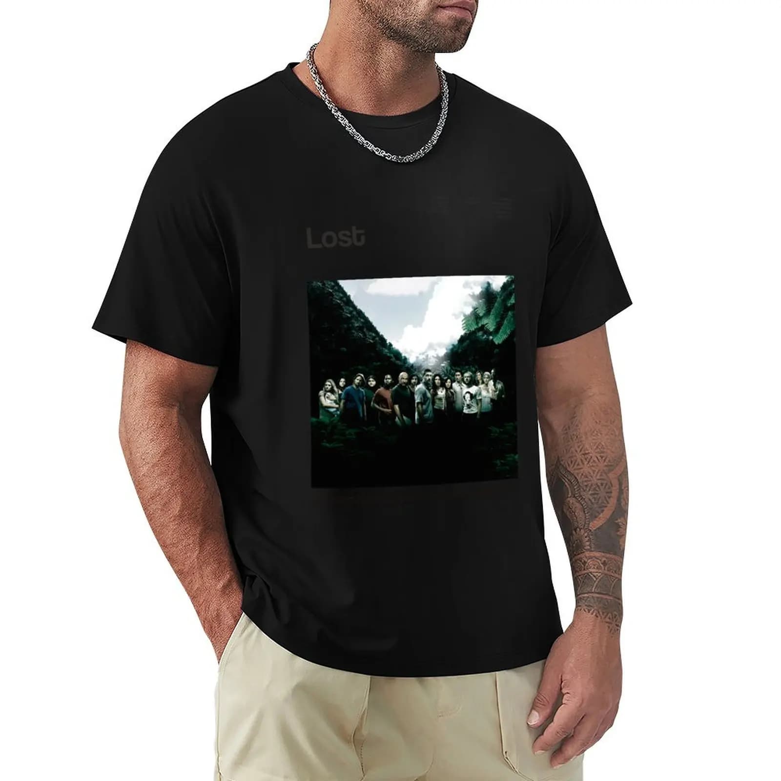 T-shirt con poster della serie Lost, T-shirt in cotone basic taglie forti
