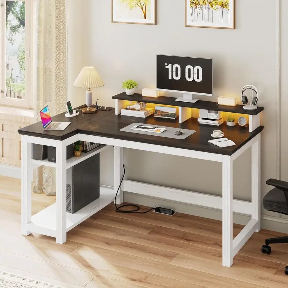 Scrivania per computer illuminata a LED da 47,3 pollici con supporto per monitor, presa di corrente e spazio di archiviazione per casa o ufficio, struttura in metallo bianco