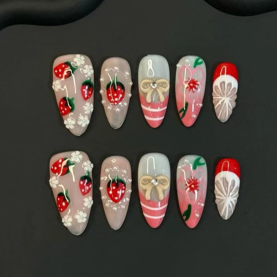 Set of 10 Summer Fin Nails with Red Strawberries and Hand Painted Flowers, Medium Length, Mandorla Shape, Removable Nail Art Set