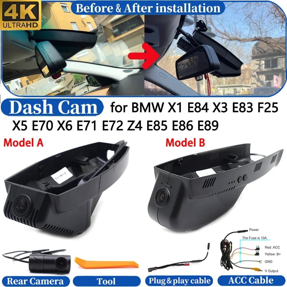 Dash Cam per BMW X1 E84 X3 E83 F25 X5 E70 X6 E71 E72 Z4 E85 E86 E89 Anteriore e Posteriore 4K DVR Telecamera da Cruscotto Registratore Video di Guida