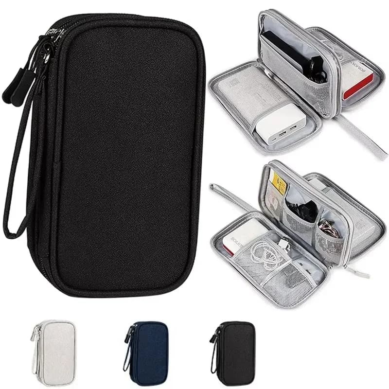 Borsa portaoggetti in nylon Organizzatore da viaggio impermeabile a doppio strato per auricolari Mouse Caricatore Cavo dati USB Borsa per accessori elettronici