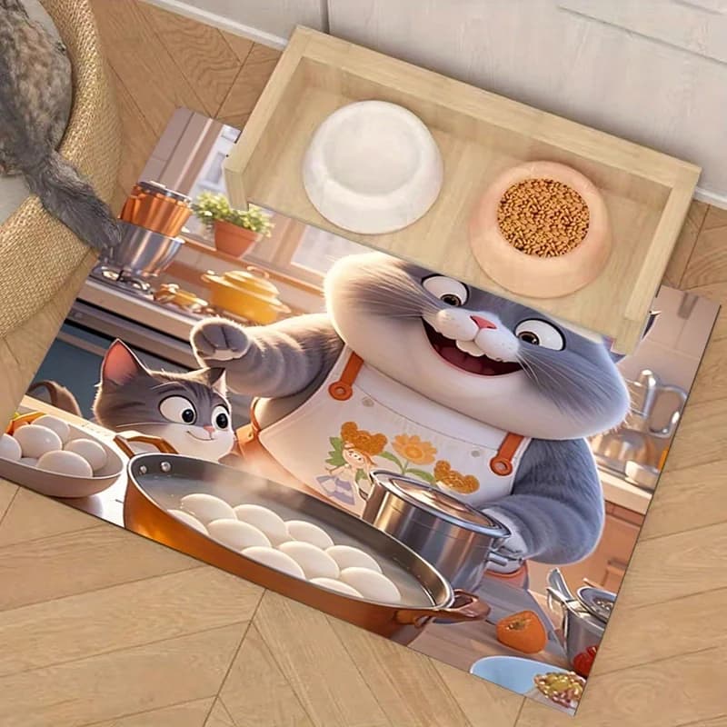 Tappetino Creativo per Alimentazione Animali Domestici con Design Chef Cat - Tovaglietta in Poliestere per Ciotole di Gatti, Include Misurino
